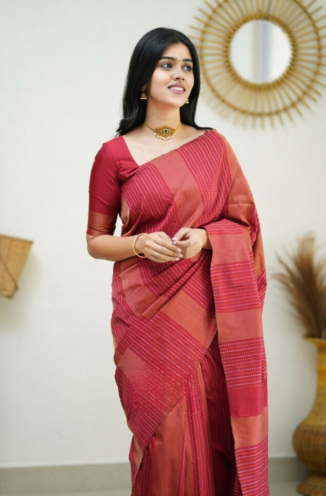 Liklee Red Handloom Weaving Silk Saree With Mesmeric Blue Blouse