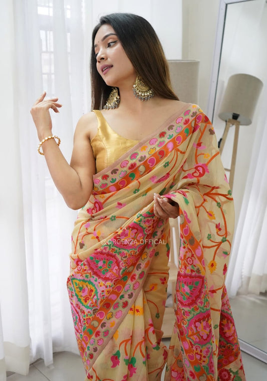 Liklee Sophisticated Light Yellow Soft Banarasi Silk Saree with Fancy Blouse Piece