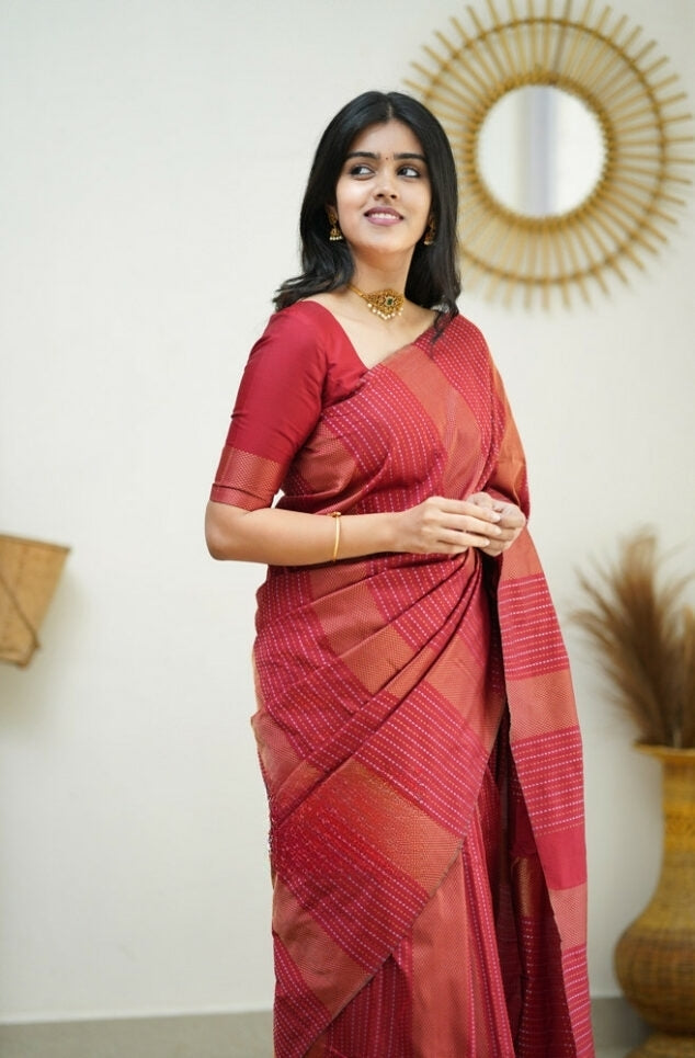 Liklee Red Handloom Weaving Silk Saree With Mesmeric Blue Blouse