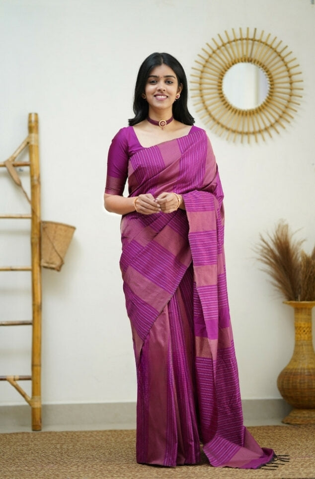 Liklee Purple Handloom Weaving Silk Saree With Mesmeric Blue Blouse