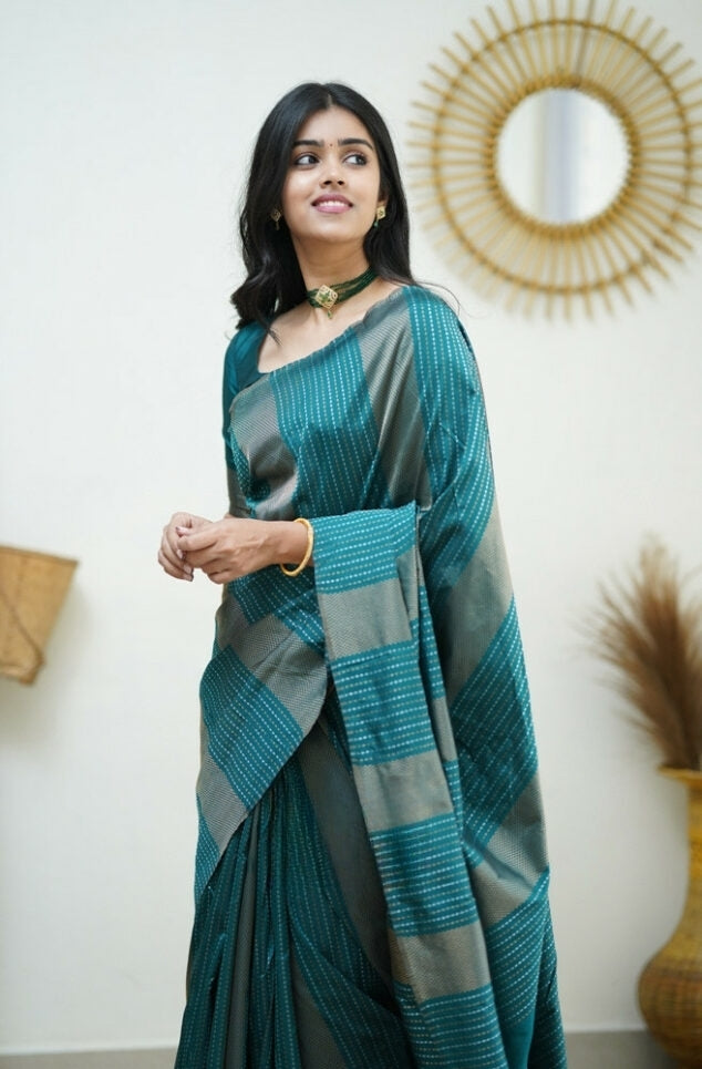 Liklee Rama Handloom Weaving Silk Saree With Mesmeric Blue Blouse