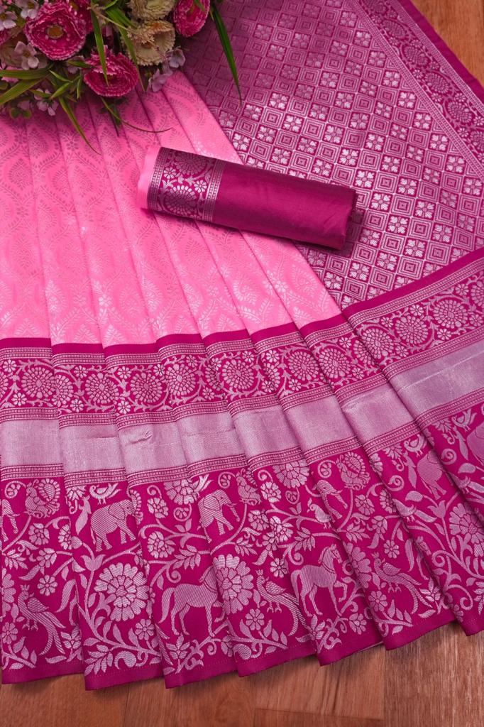 Liklee Pink Lichi Silk Wedding Wear Banarasi Saree With Blouse