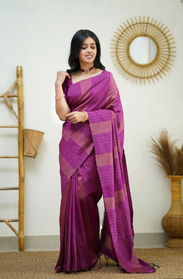 Liklee Purple Handloom Weaving Silk Saree With Mesmeric Blue Blouse