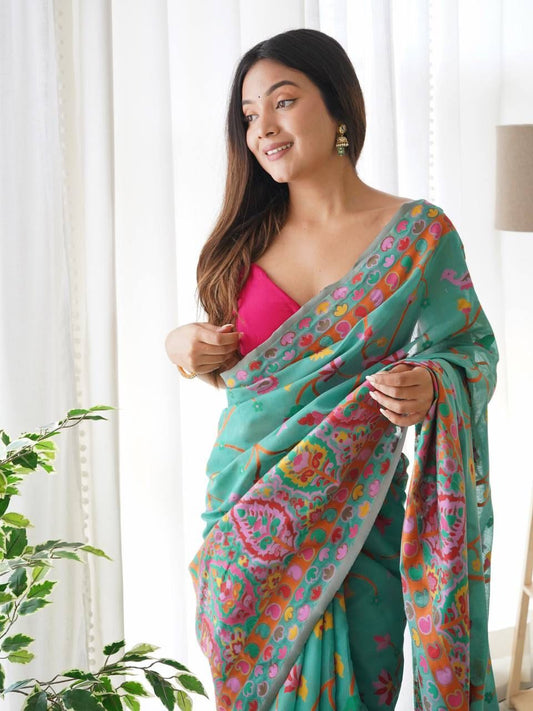 Liklee Chatoyant Rama Soft Banarasi Silk Saree with Snazzy Blouse Piece