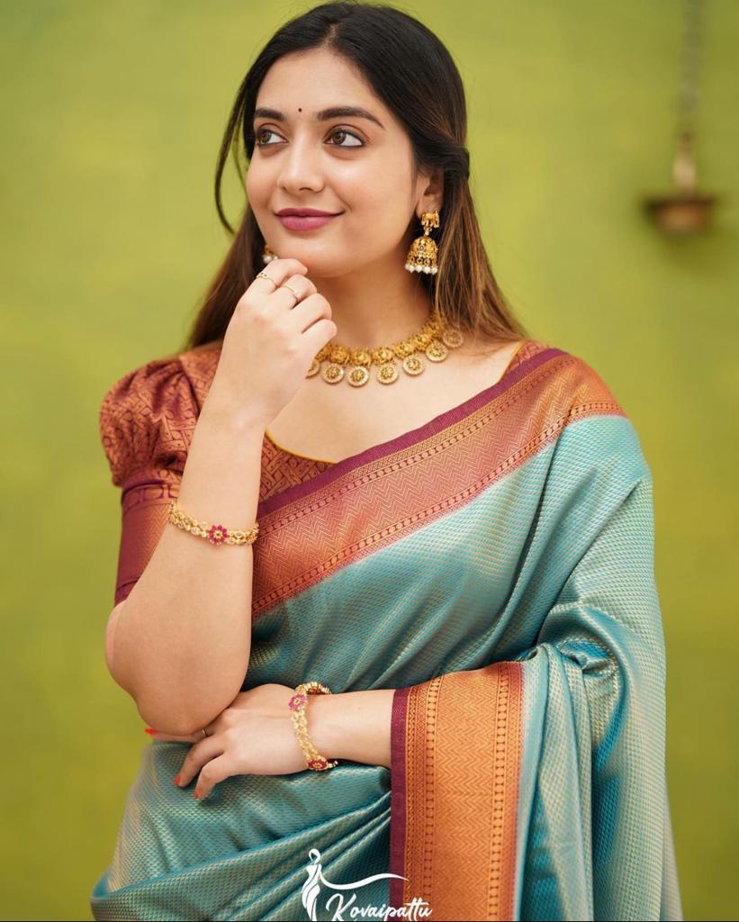 Liklee Denouement Rama Silk Saree with Unique Blouse Piece