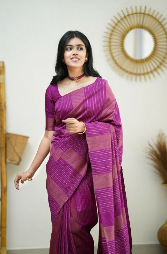 Liklee Purple Handloom Weaving Silk Saree With Mesmeric Blue Blouse