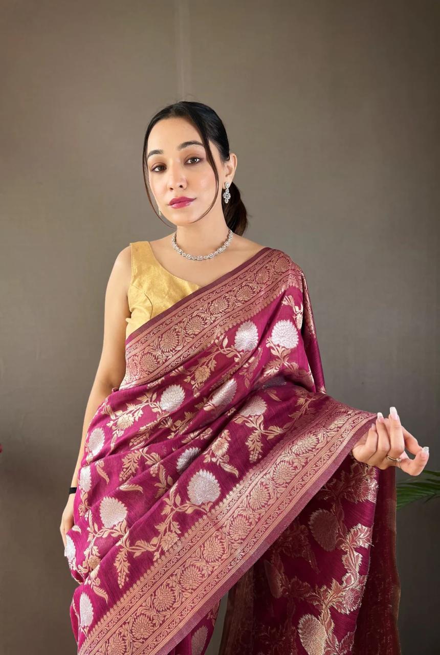 Liklee Wine Soft Banarasi Silk Saree With Petrichor Blouse Piece