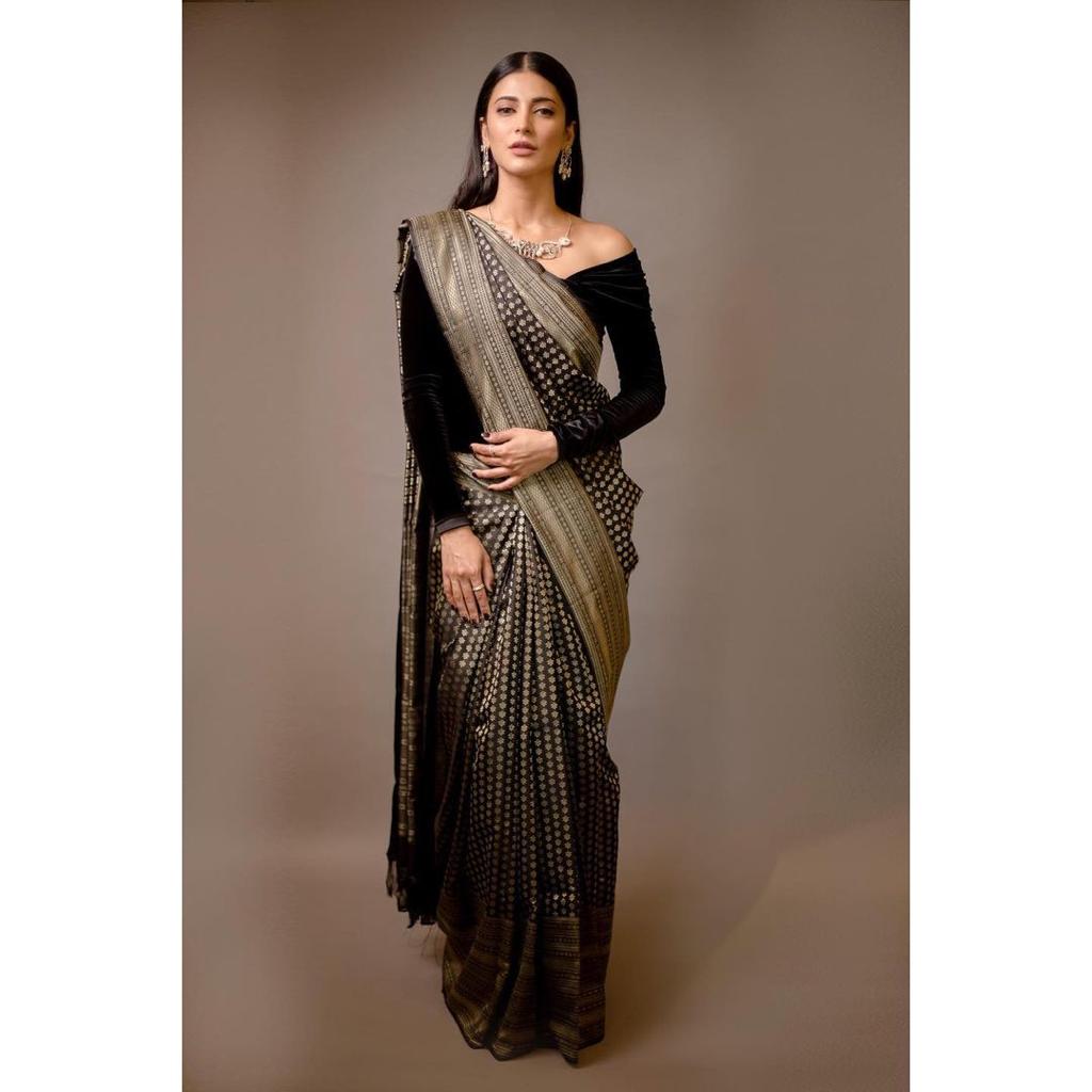 Liklee Black Women's Silk Weaving Jacquard Saree With Weaving Blouse