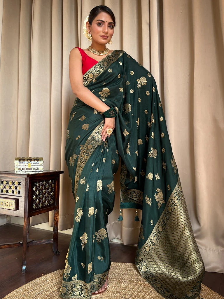 Liklee Green Handloom Weaving Silk Saree With Mesmeric Blue Blouse