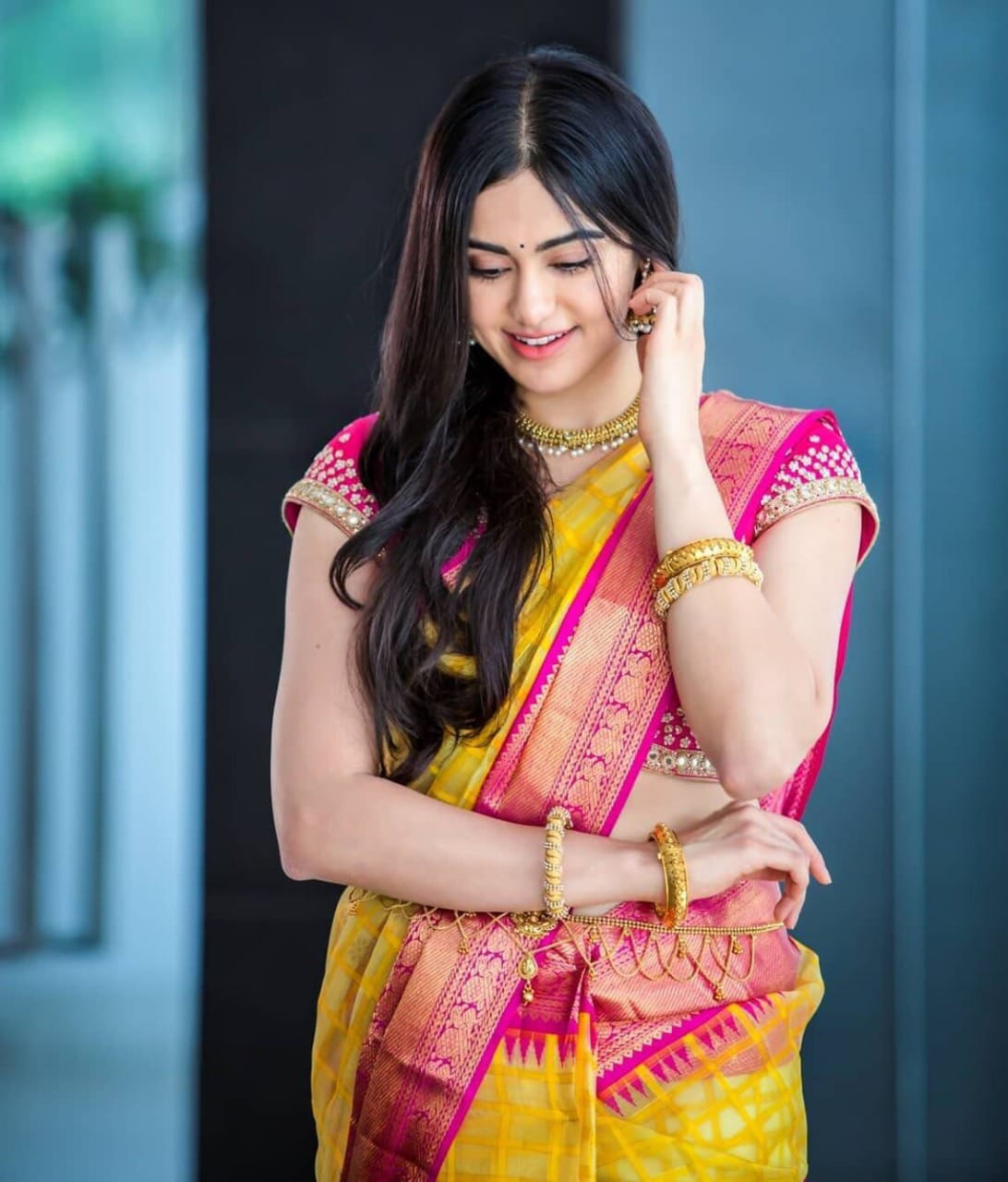 Liklee Stylish Yellow Soft Silk Saree with Unique Pink Blouse Piece