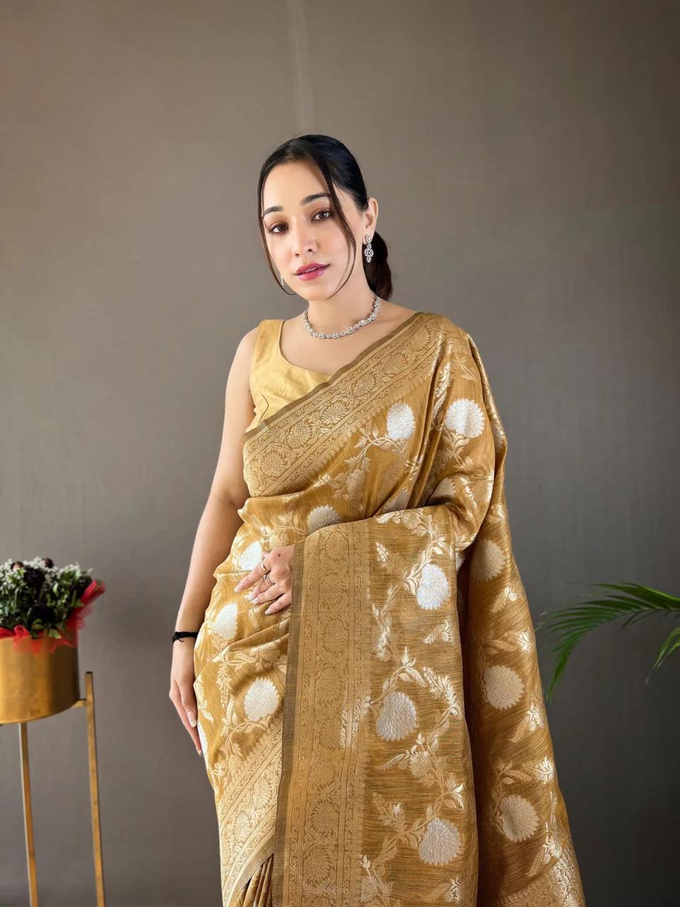 Liklee Yellow Soft Banarasi Silk Saree With Petrichor Blouse Piece