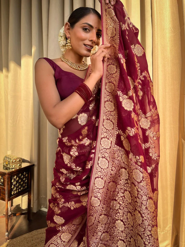 Liklee Maroon Luxurious Banarasi Weaves iconic collections Silk Saree