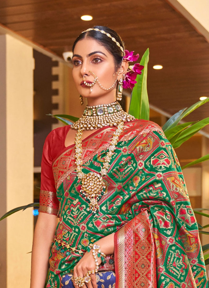 Liklee Ebullience Green Soft Silk Saree With Groovy Red Blouse Piece