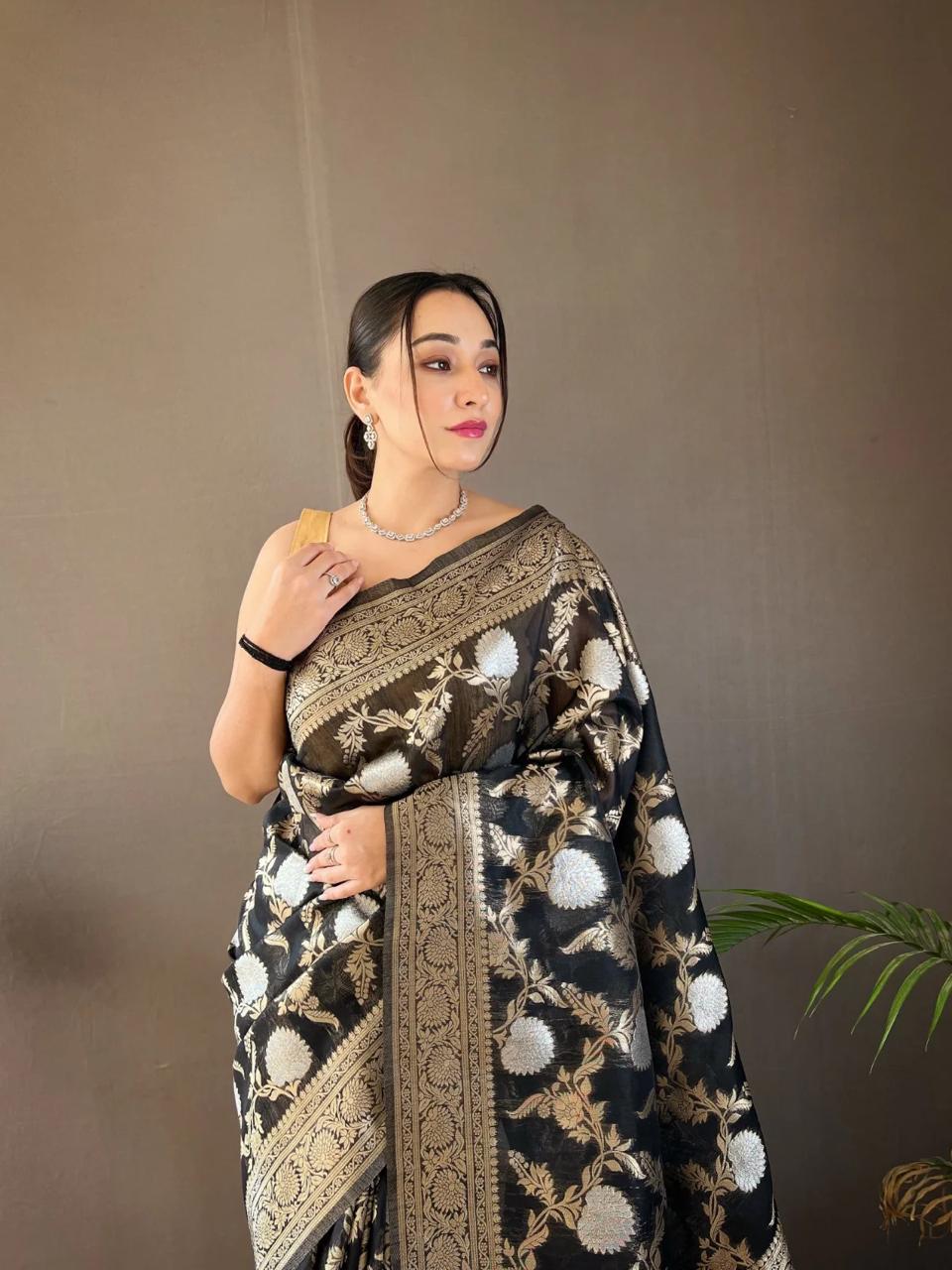 Liklee Black Soft Banarasi Silk Saree With Petrichor Blouse Piece