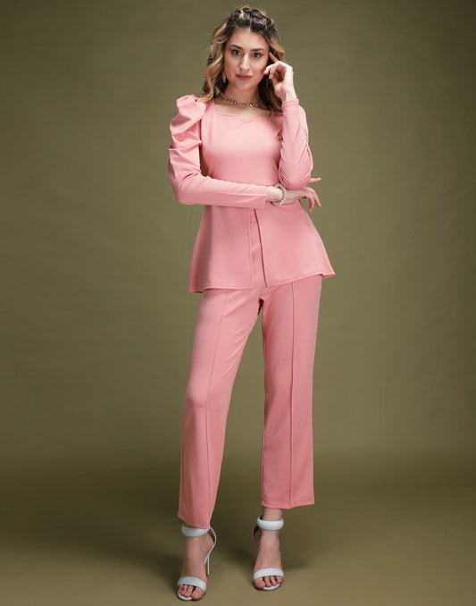 Trendy Round Neck Full Sleeve Plain Peach Co Ord Set