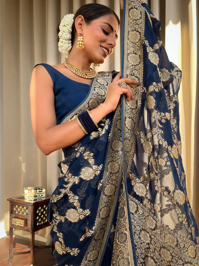 Liklee Blue Luxurious Banarasi Weaves iconic collections Silk Saree