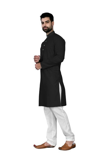 Black Men's Cotton Stylish Kurta with Side Pocket