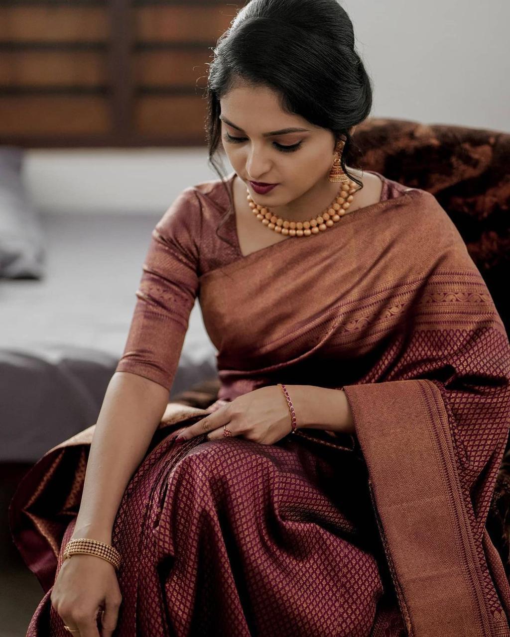 Liklee Magnetic Maroon Soft Silk Saree With Seraglio Blouse Piece