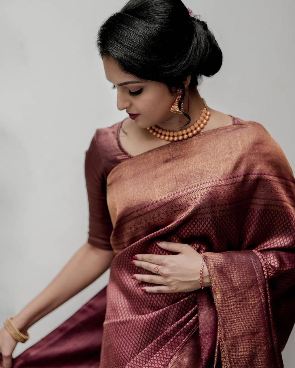 Liklee Magnetic Maroon Soft Silk Saree With Seraglio Blouse Piece