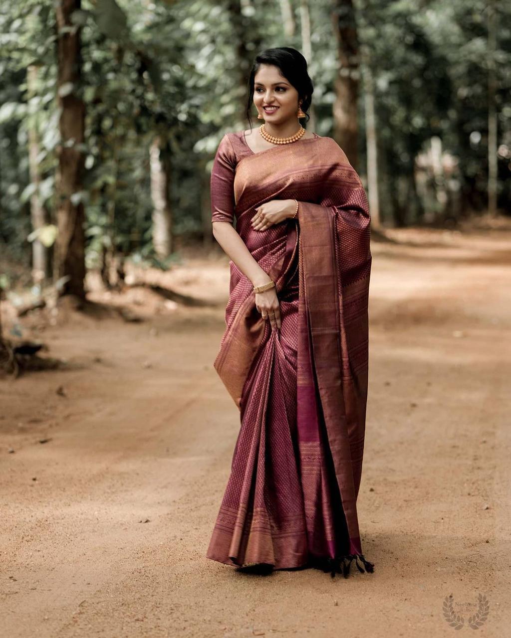 Liklee Magnetic Maroon Soft Silk Saree With Seraglio Blouse Piece