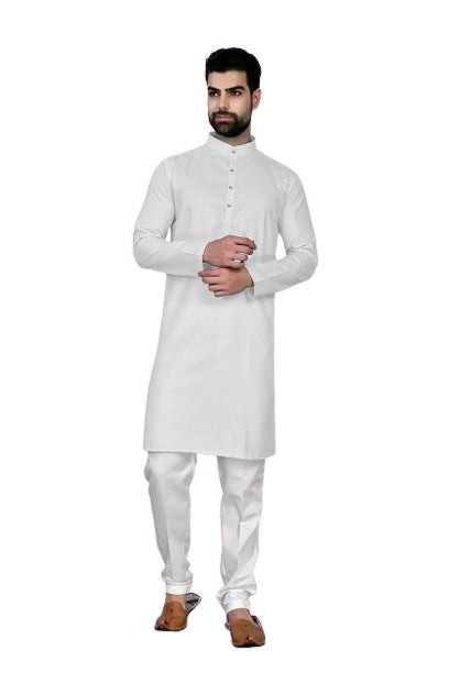 White Men's Cotton Stylish Kurta with Side Pocket