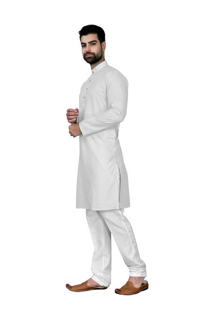 White Men's Cotton Stylish Kurta with Side Pocket