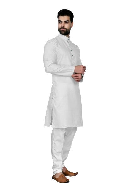 White Men's Cotton Stylish Kurta with Side Pocket