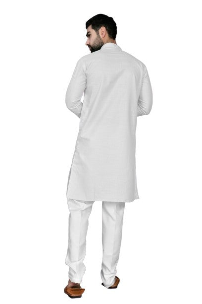 White Men's Cotton Stylish Kurta with Side Pocket