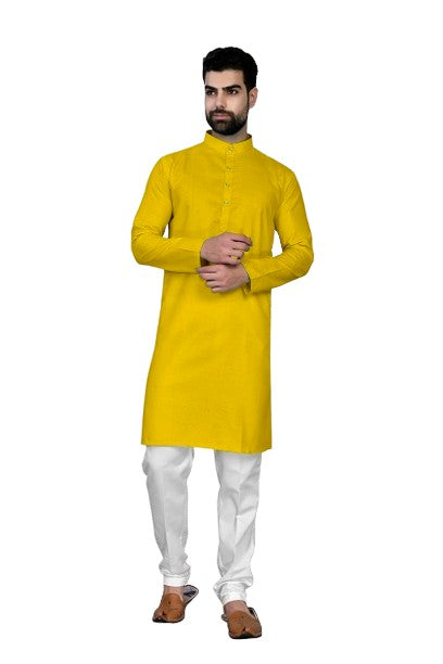 Yellow Men's Cotton Stylish Kurta with Side Pocket