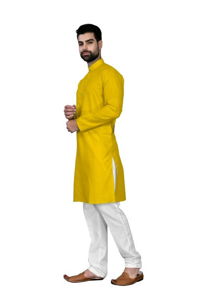 Yellow Men's Cotton Stylish Kurta with Side Pocket