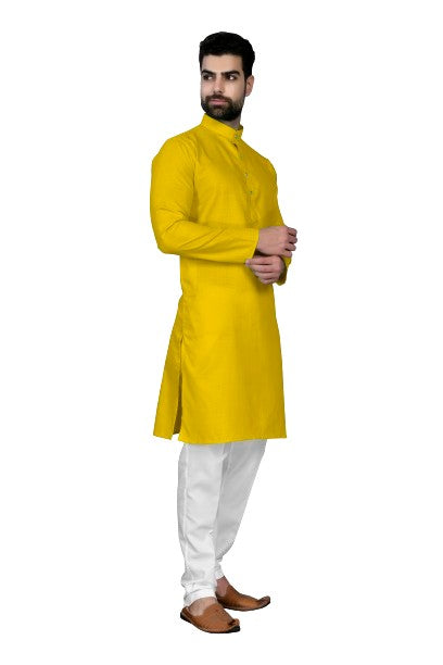 Yellow Men's Cotton Stylish Kurta with Side Pocket