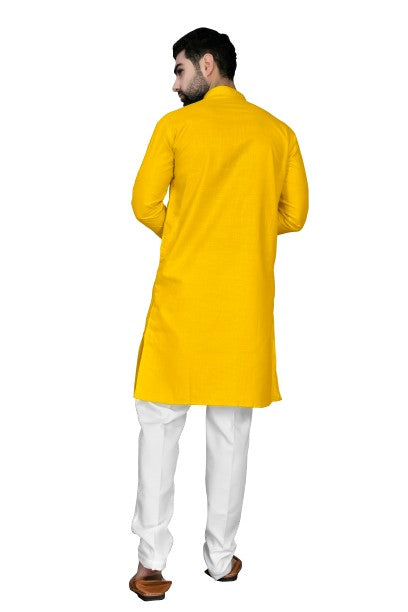 Yellow Men's Cotton Stylish Kurta with Side Pocket