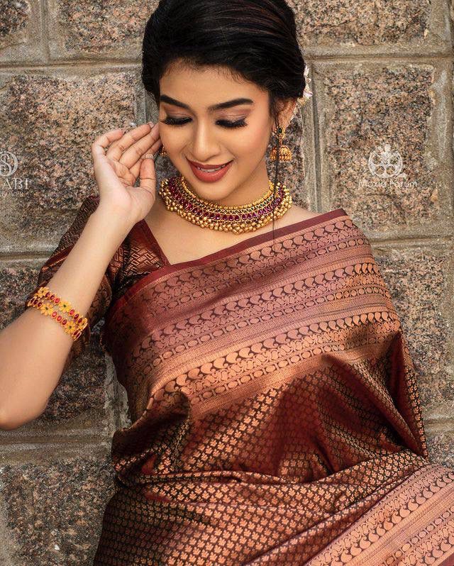 Liklee Brown Jacquard Checks Soft Lichi Silk Saree With Blouse Piece