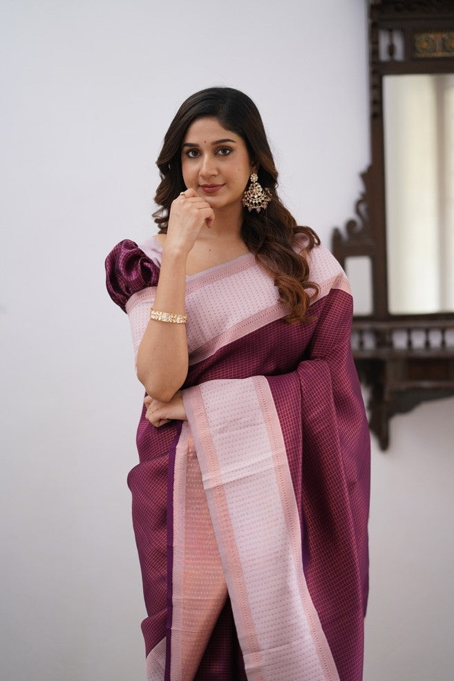 Liklee Wine Soft Banarasi Silk Saree with Unique Blouse Piece