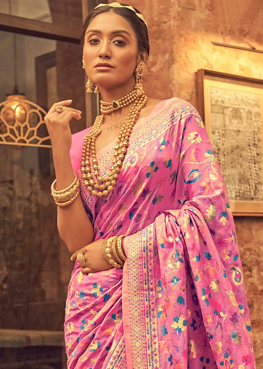 Liklee Pink Excellent Soft Banarasi Silk Saree With Desultory Blouse Piece