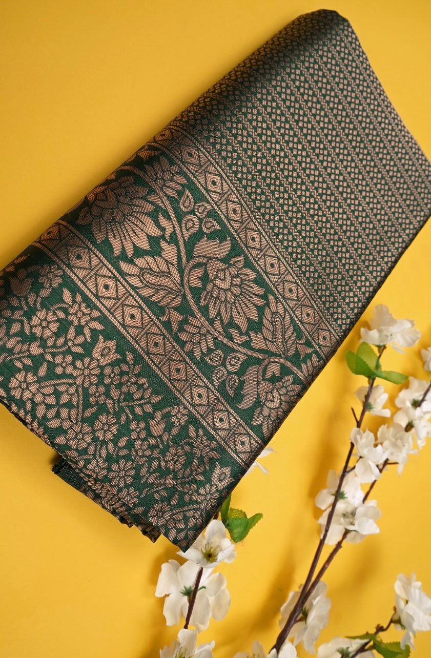 Liklee Festival Wear Green Soft Lichi Silk Saree With Heavy Border