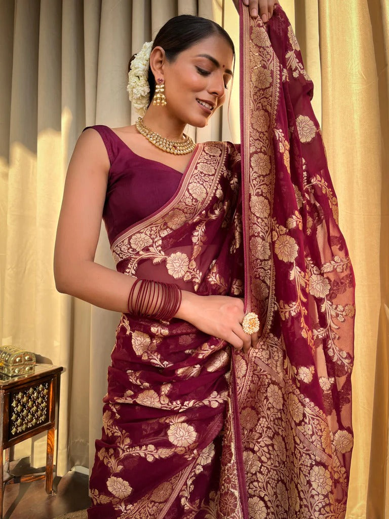 Liklee Maroon Luxurious Banarasi Weaves iconic collections Silk Saree