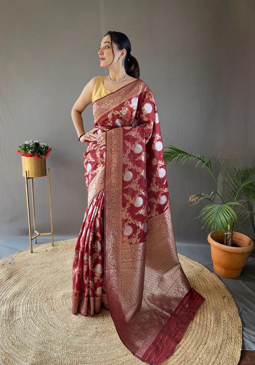 Liklee Red Soft Banarasi Silk Saree With Petrichor Blouse Piece