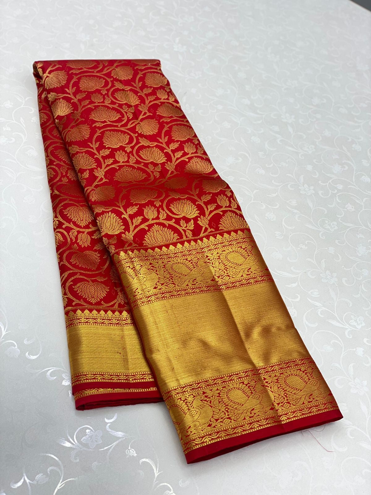 Liklee Stylish Red Soft Banarasi Silk Saree with Unique Blouse Piece