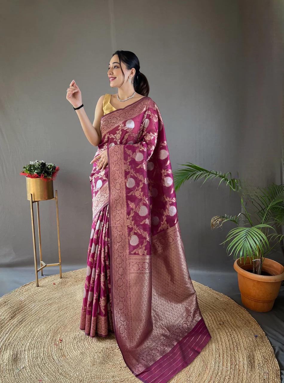 Liklee Wine Soft Banarasi Silk Saree With Petrichor Blouse Piece