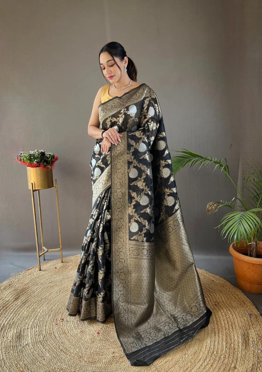 Liklee Black Soft Banarasi Silk Saree With Petrichor Blouse Piece