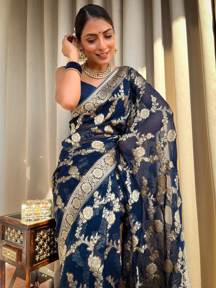 Liklee Blue Luxurious Banarasi Weaves iconic collections Silk Saree