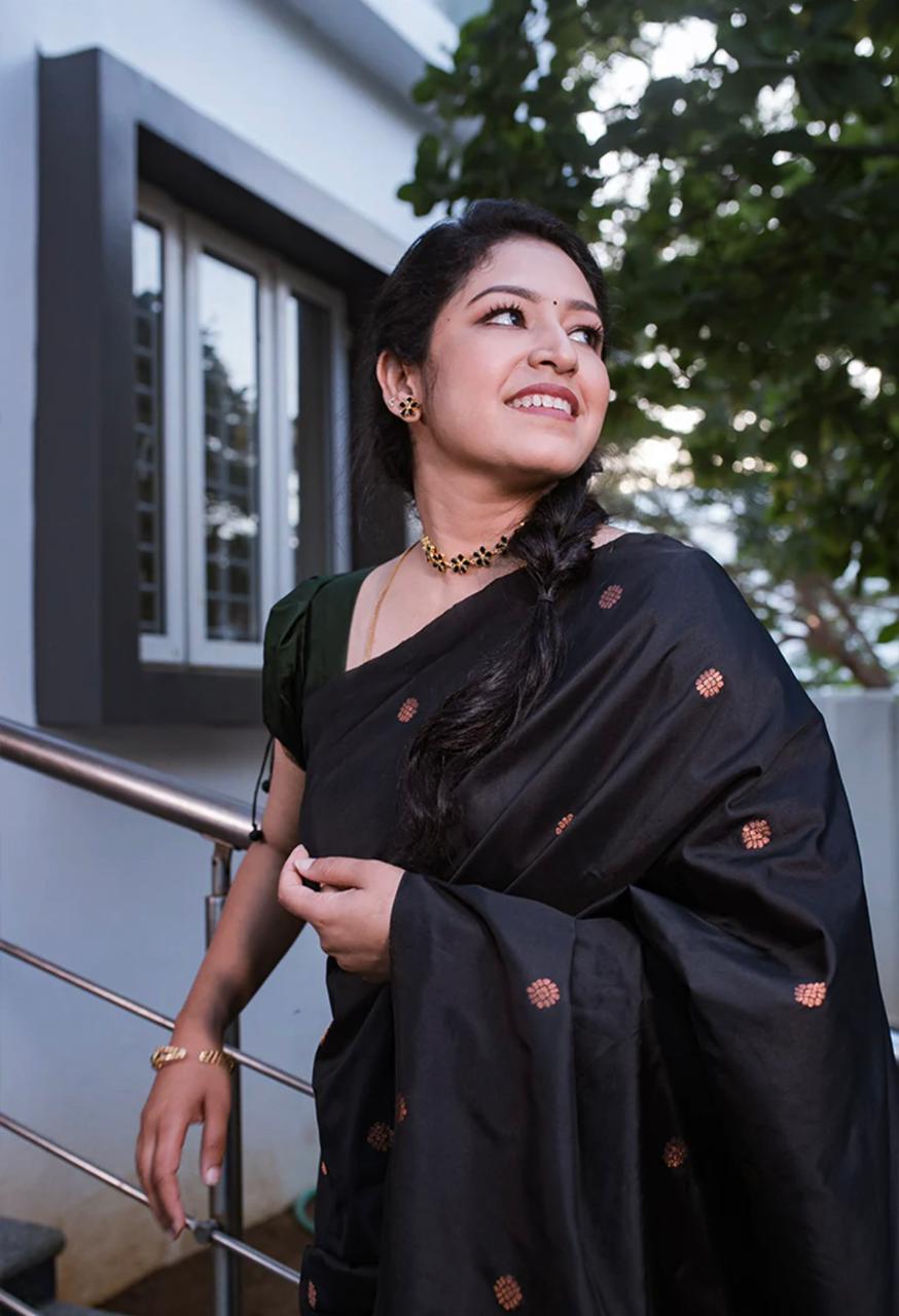 Liklee Stylish Black Soft Silk Saree with Unique Black Blouse Piece