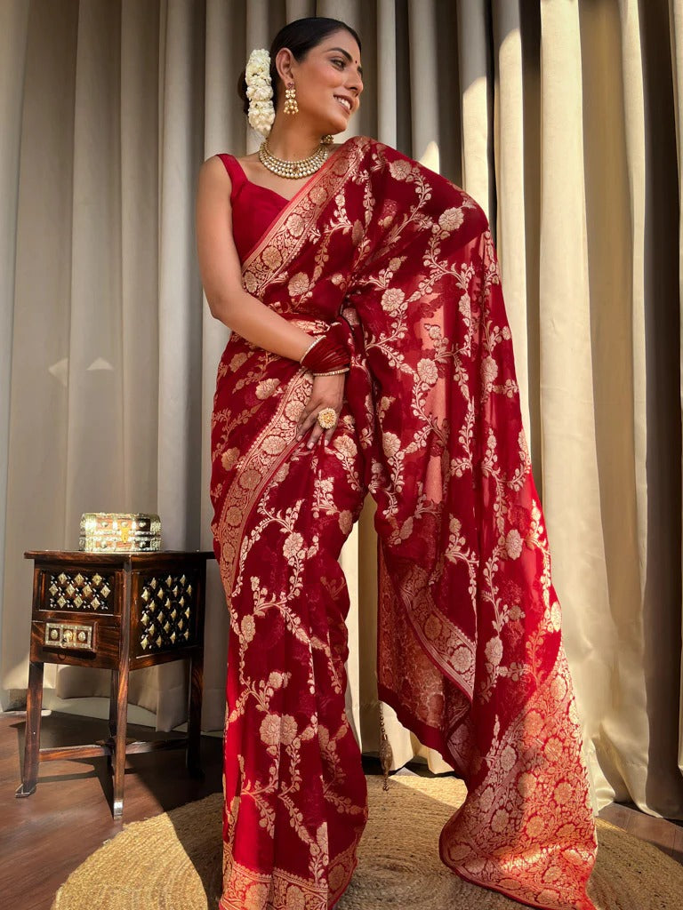 Liklee Red Luxurious Banarasi Weaves iconic collections Silk Saree