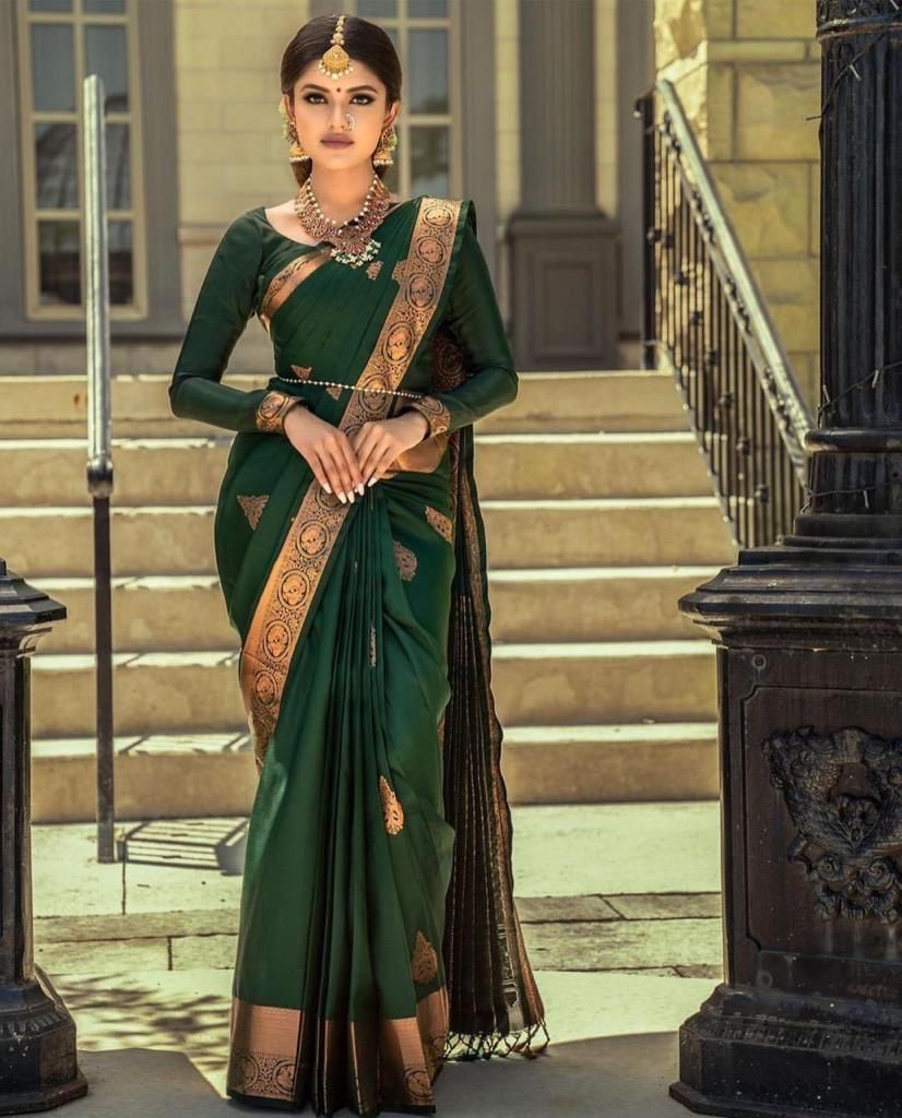 Liklee Festival Wear Green Soft Lichi Silk Saree With Heavy Border