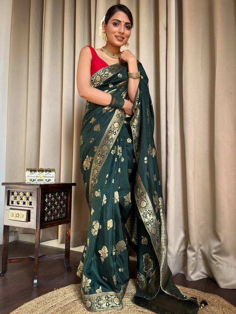 Liklee Green Handloom Weaving Silk Saree With Mesmeric Blue Blouse