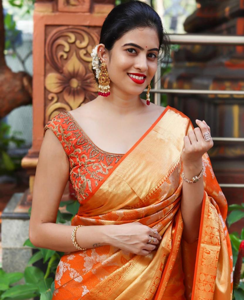 Liklee Orange Soft Silk Saree with Fancy Blouse Piece