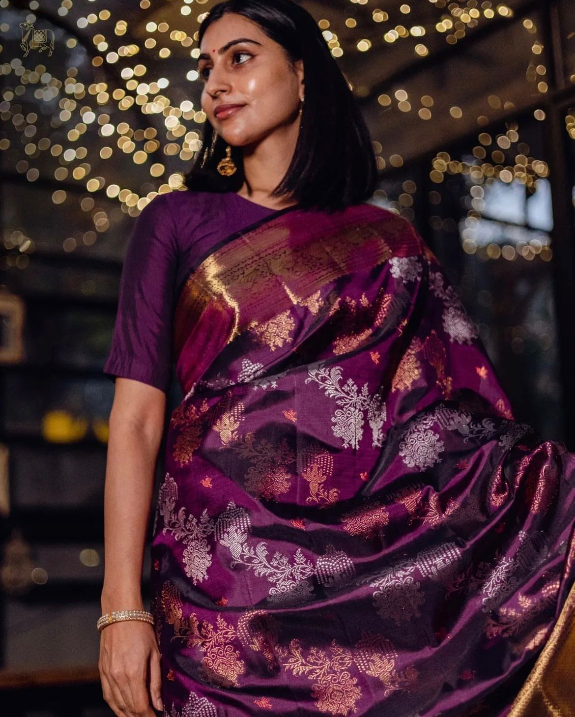 Liklee Purple Blooming Banarasi Silk Saree With Ethnic Blouse Piece