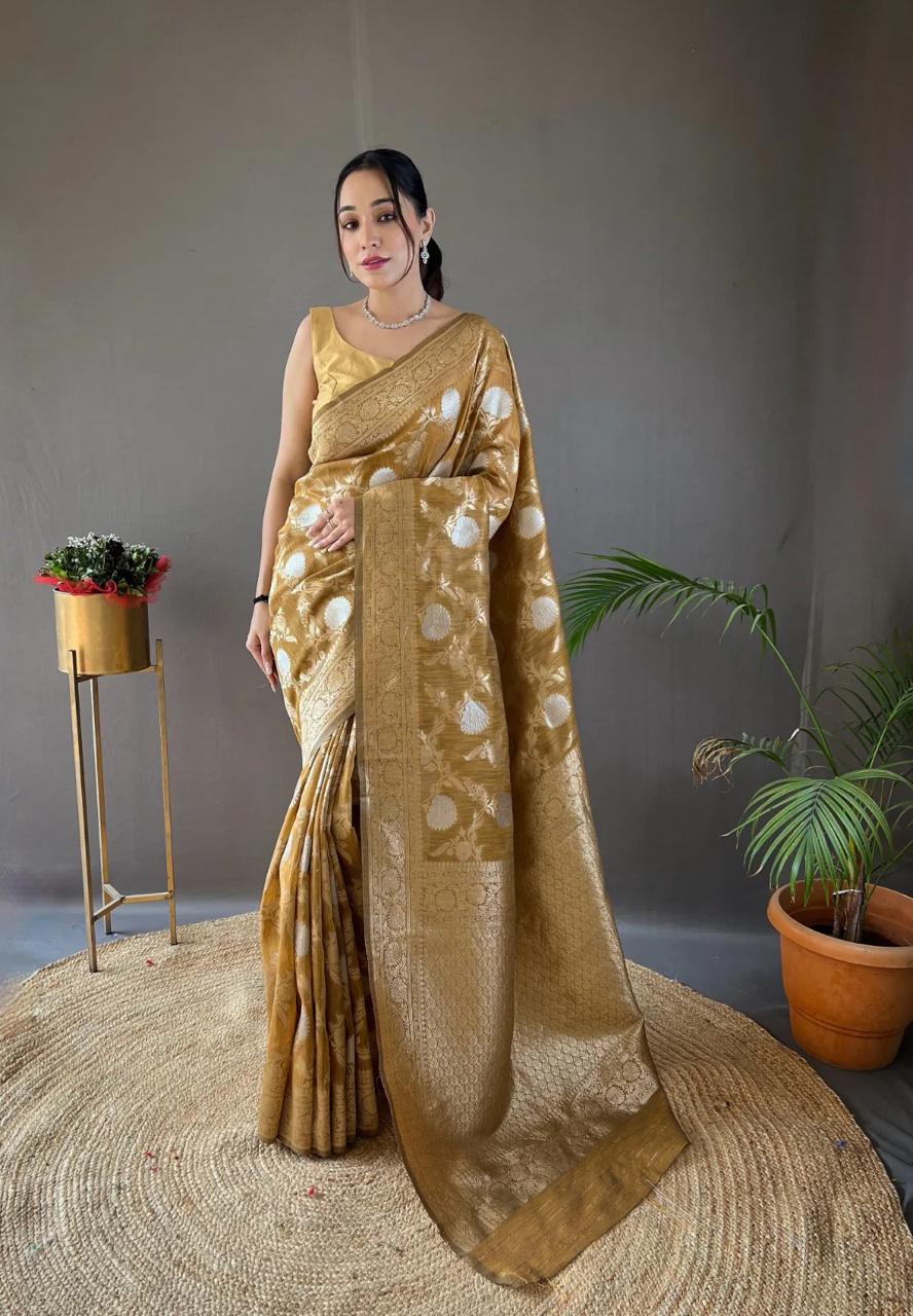 Liklee Yellow Soft Banarasi Silk Saree With Petrichor Blouse Piece