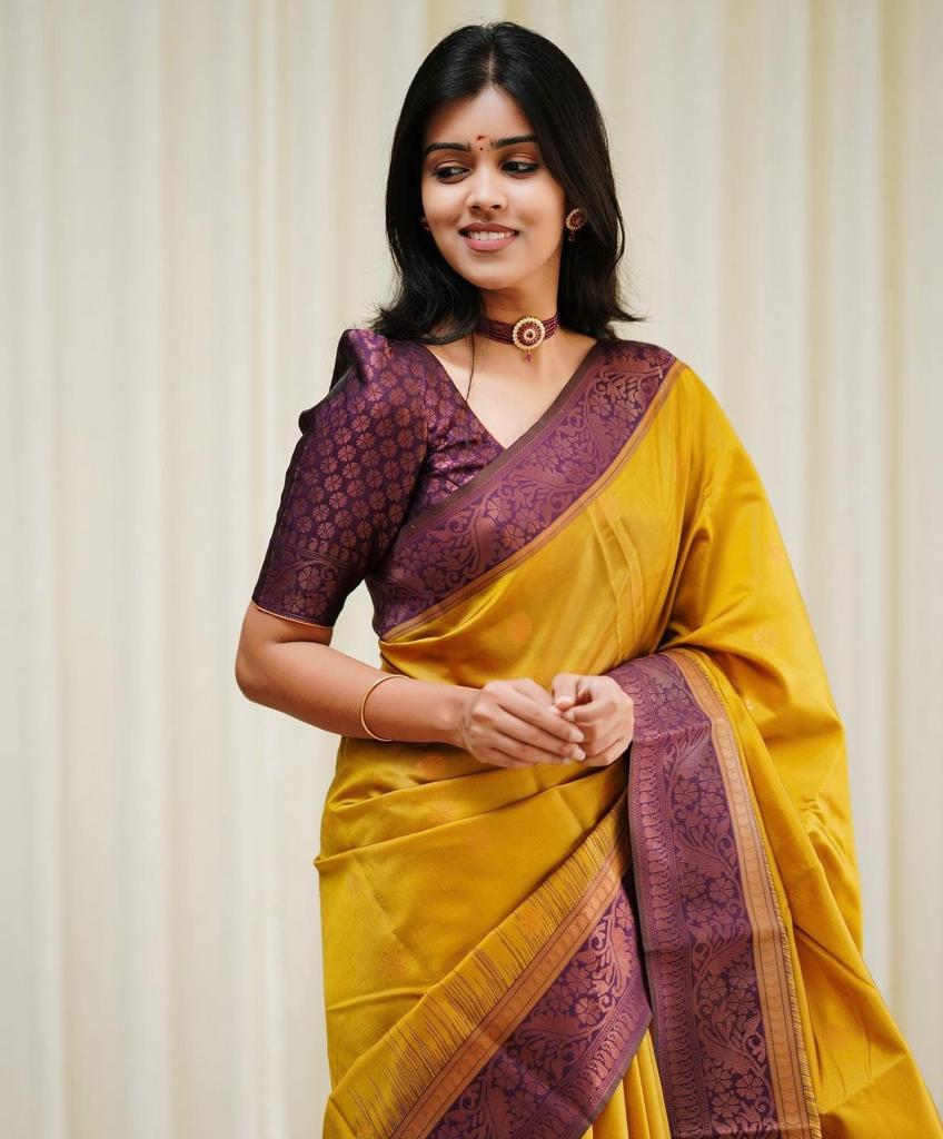 Liklee Yellow Blooming Banarasi Silk Saree With Ethnic Blouse Piece